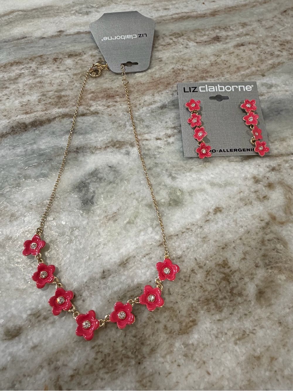 Liz Claiborne Hot Pink Enamel Floral Necklace & Earrings Set